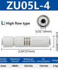 Image of ZU05L-4 high flow 4mm Push In Vacuum Ejector Fitting One Touch Tube Type Pneumatic Connector with specifications