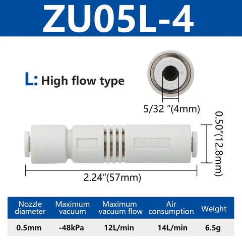 Image of ZU05L-4 high flow 4mm Push In Vacuum Ejector Fitting One Touch Tube Type Pneumatic Connector with specifications