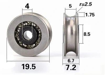 4mm Bore Bearing with 19.5mm steel Pulley U Groove Track Roller Bearing 4x19.5x6.7mm - VXB Ball Bearings