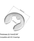 4mm External Circlips C Clip Retaining Rings for Shafts in 304 Stainless Steel with Inner Diameter One Point Five Millimeters and Thickness One Millimeter Opening Width One Point Two Millimeters Heavy Duty Snap Ring Pack of 100 Pieces Uxcell in close-up view showing dimensions.