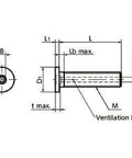 Technical diagram of ✝️ SVSHS-M4-6 NBK 4mm Socket Head Cap Vacuum Vented Screws with ventilation hole, low profile 20-pack, Japan.