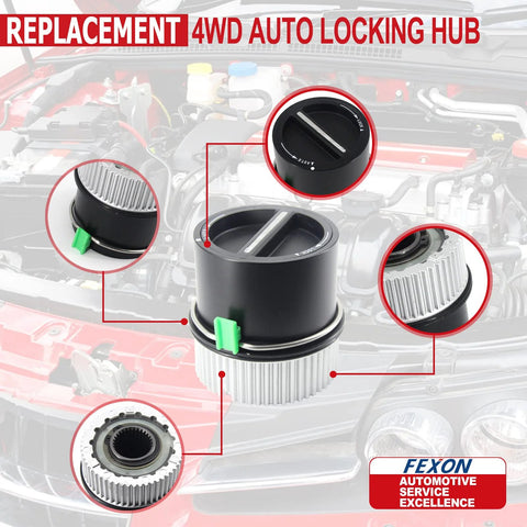 4WD Auto Locking Hub Pair Kit Replacement For Ford F-Series 1999-2004, Easy Installation, close-up view of hub with engine in background