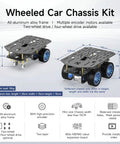Diagram of 4WD Smart Chassis Car Kit with aluminum frame, encoder motors, and wheels, black, showing dimensions and features.