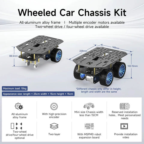 Diagram of 4WD Smart Chassis Car Kit with aluminum frame, encoder motors, and wheels, black, showing dimensions and features.
