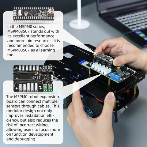 Hands assembling 4WD Smart Chassis Car Kit with aluminum alloy chassis, featuring 520 encoder motors and sensor boards, unassembled
