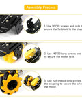 Assembly steps for 4WD Mecanum Wheel Robot Chassis Kit with metal frame showcasing motor and wheel installation process.