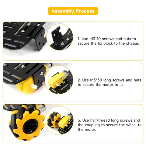 Assembly steps for 4WD Mecanum Wheel Robot Chassis Kit with metal frame showcasing motor and wheel installation process.