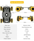Dimensions and specifications of 4WD Mecanum Wheel Robot Chassis Kit with aluminum frame and TT motors for Arduino projects.