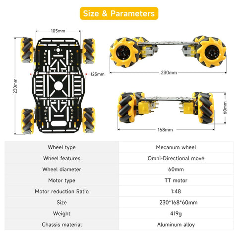 Dimensions and specifications of 4WD Mecanum Wheel Robot Chassis Kit with aluminum frame and TT motors for Arduino projects.