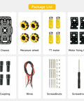 Package list for 4WD Mecanum Wheel Robot Chassis Kit with Metal Frame, showing chassis, Mecanum wheels, TT motors, and other components.