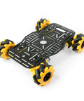 4WD Mecanum Wheel Robot Chassis Kit with metal frame, featuring black aluminum frame and yellow TT motors for DIY robotic projects.