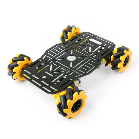 4WD Mecanum Wheel Robot Chassis Kit with metal frame, featuring black aluminum frame and yellow TT motors for DIY robotic projects.