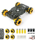 4WD Mecanum Wheel Robot Chassis Kit with metal frame, aluminum alloy chassis, TT motors, and parts for Arduino and Raspberry Pi projects.
