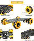 4WD Mecanum Wheel Robot Chassis Kit with metal frame, featuring yellow Mecanum wheels, aluminum alloy chassis, and TT motors