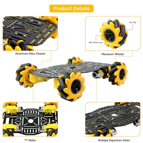 4WD Mecanum Wheel Robot Chassis Kit with metal frame, featuring yellow Mecanum wheels, aluminum alloy chassis, and TT motors