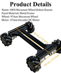 Image of 4WD Mecanum Wheel Robot Car Chassis Kit With Smart Remote Control And Metal Chassis, showcasing the metal frame and wheels.