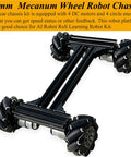 4WD Mecanum Wheel Robot Car Chassis Kit With Smart Remote Control and metal chassis, highlighting DC encoder motors and omnidirectional wheels