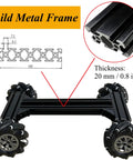 4WD Mecanum Wheel Robot Car Chassis Kit with metal frame and omnidirectional wheels, showcasing thickness and design.
