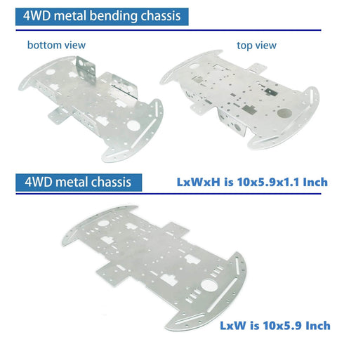 DIY Mecanum Wheel Car Kit with metal chassis and TT motors featuring 4WD omnidirectional movement, top and bottom views of metal chassis.