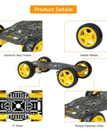4WD Robot Car Chassis Kit with Aluminum Alloy Chassis for Arduino and Raspberry Pi, shown with TT motors and four yellow wheels