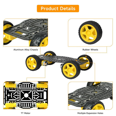 4WD Robot Car Chassis Kit with Aluminum Alloy Chassis for Arduino and Raspberry Pi, shown with TT motors and four yellow wheels