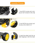 Assembly instructions for 4WD Robot Car Chassis Kit with Aluminum Alloy Chassis for Arduino and Raspberry Pi showing wheel and motor installation.