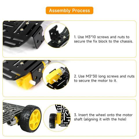 Assembly instructions for 4WD Robot Car Chassis Kit with Aluminum Alloy Chassis for Arduino and Raspberry Pi showing wheel and motor installation.