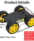 4WD Robot Car Chassis Kit C101 With Speed Encoder TT Motors metal platform and wheels, dimensions labeled, designed for STEAM projects