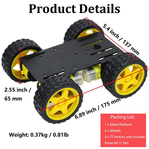4WD Robot Car Chassis Kit C101 With Speed Encoder TT Motors metal platform and wheels, dimensions labeled, designed for STEAM projects