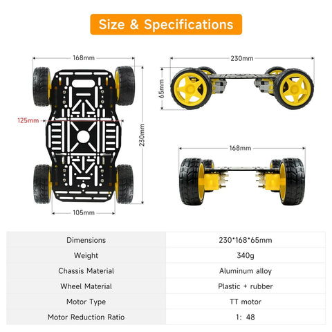 Diagram of 4WD Robot Car Chassis Kit with Aluminum Alloy Chassis for Arduino and Raspberry Pi, showing dimensions and materials.