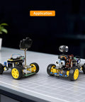 Two 4WD Robot Car Chassis Kits with Aluminum Alloy Chassis for Arduino and Raspberry Pi on table with yellow wheels mounted