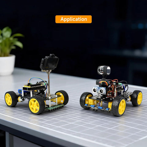 Two 4WD Robot Car Chassis Kits with Aluminum Alloy Chassis for Arduino and Raspberry Pi on table with yellow wheels mounted