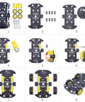 Assembly steps for 4WD Robot Car Chassis Kit With 4 TT Motors For Arduino Raspberry Pi And Jetson Nano, showing PCB frame and wheels setup.