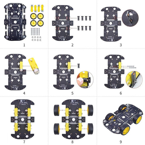 Assembly steps for 4WD Robot Car Chassis Kit With 4 TT Motors For Arduino Raspberry Pi And Jetson Nano, showing PCB frame and wheels setup.