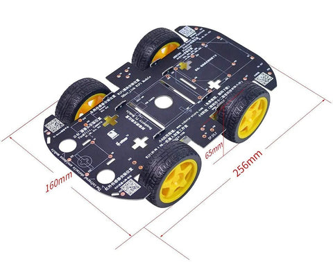 4WD Robot Car Chassis Kit With 4 TT Motors shown with sturdy PCB frame, yellow durable rubber wheels; dimensions 256x160 mm.