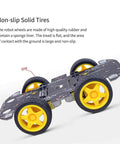 4WD Robot Car Chassis Kit With 4 TT Motors showing sturdy PCB frame, yellow durable rubber wheels, and sponge inserts for DIY projects