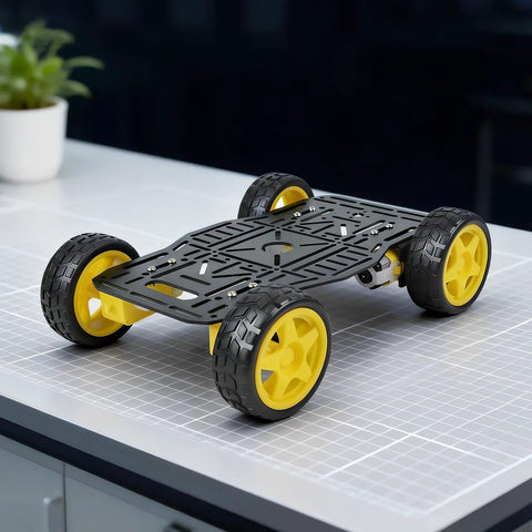 4WD Robot Car Chassis Kit with Aluminum Alloy Chassis for Arduino and Raspberry Pi, featuring TT Motors and Four Wheels, Black Frame