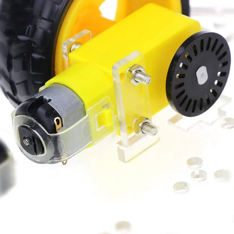 Close-up of a motorized wheel and speed encoder from a DIY 4WD Smart Robot Chassis Kit With Speed Encoder Battery Box Four Wheel Robot Car.