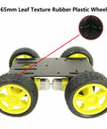 4WD Robot Car Chassis Kit C101 with Speed Encoder TT Motors, yellow metal wheels, leaf texture tire detail for Arduino projects.