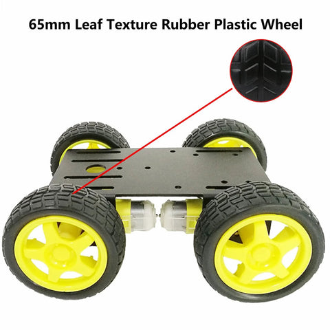 4WD Robot Car Chassis Kit C101 with Speed Encoder TT Motors, yellow metal wheels, leaf texture tire detail for Arduino projects.