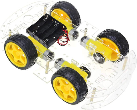 Assembled DIY 4WD Smart Robot Chassis Kit with Speed Encoder and Battery Box, showcasing four yellow wheels and transparent frame.