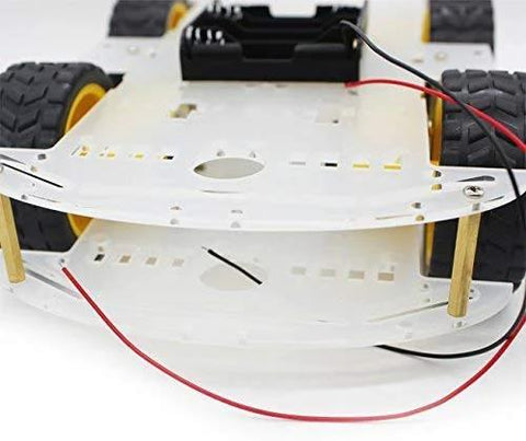 DIY 4WD Smart Robot Chassis Kit With Speed Encoder Battery Box, showing detailed chassis assembly and wheel design.