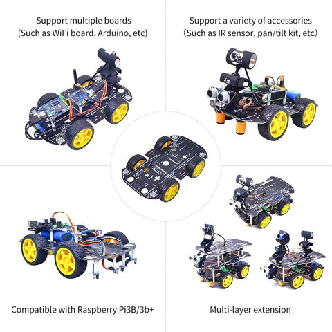 4WD Robot Car Chassis Kit With 4 TT Motors For Arduino Raspberry Pi And Jetson Nano, showing various configurations and components