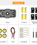 Package list for 4WD Robot Car Chassis Kit With Aluminum Alloy Chassis For Arduino And Raspberry Pi, includes components.