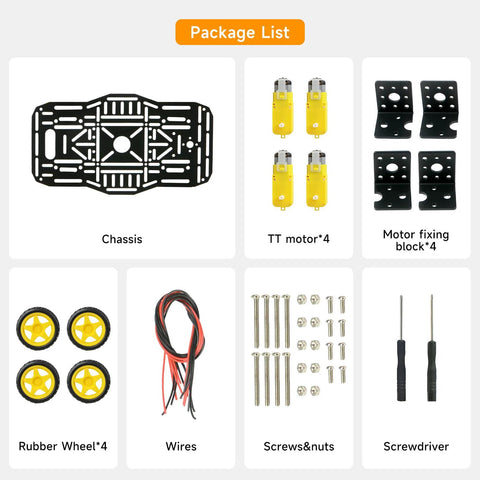 Package list for 4WD Robot Car Chassis Kit With Aluminum Alloy Chassis For Arduino And Raspberry Pi, includes components.