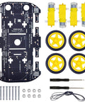 4WD Robot Car Chassis Kit With 4 TT Motors For Arduino Raspberry Pi and Jetson Nano, showing sturdy PCB base, wheels, and screws