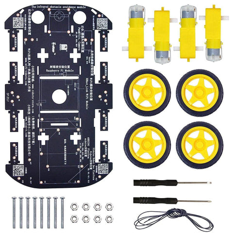 4WD Robot Car Chassis Kit With 4 TT Motors For Arduino Raspberry Pi and Jetson Nano, showing sturdy PCB base, wheels, and screws