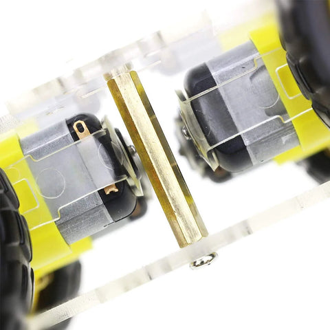 Close-up of DIY 4WD Smart Robot Chassis Kit stepper motors and speed encoder for precision motion in educational robotics projects