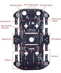 Top view of 4WD Robot Car Chassis Kit with 4 TT Motors for Arduino Raspberry Pi and Jetson Nano showing labeled PCB frame layout.