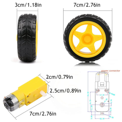 Dimensions and components of 4WD Robot Car Chassis Kit C101, featuring wheel, motor, and speed encoder.